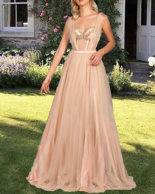Nude Sweetheart Corset Tulle Prom Dress