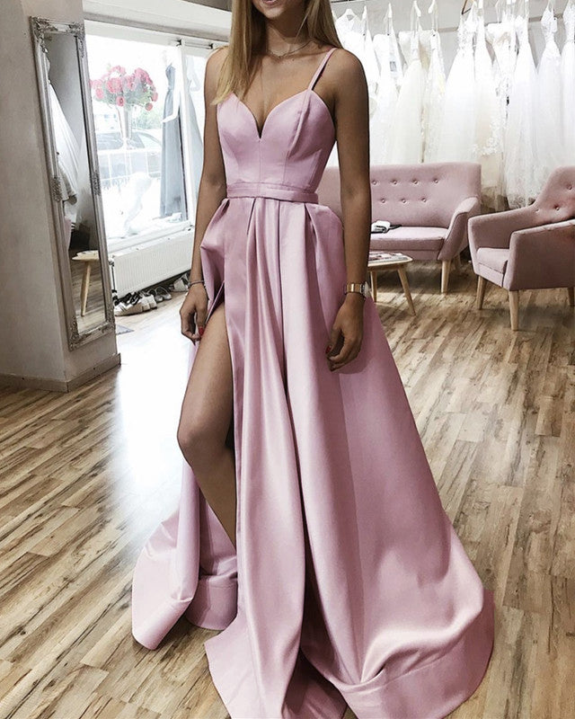 Long Satin Formal Dresses Spaghetti Straps Prom Gowns