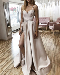 Long Satin Formal Dresses Spaghetti Straps Prom Gowns