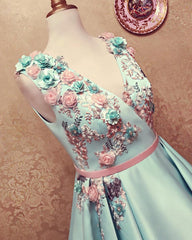 Long Satin Empire Prom Dresses V Neck 3D Flowers Embroidery