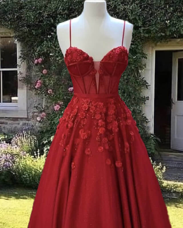 Red Tulle Corset Ball Gown With 3D Flowers
