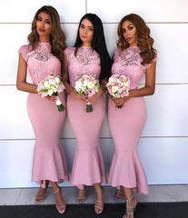 Pink Bridesmaid Dresses For Women Mermaid Cap Sleeves Satin Lace Hi Low Long Cheap Under 50 Wedding Party Dresses