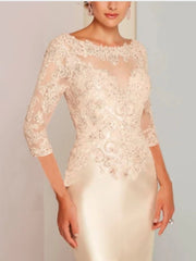 Sheath / Column Mother of the Bride Dress Elegant Jewel Neck Knee Length Charmeuse 3/4 Length Sleeve with Appliques