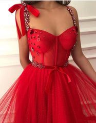 Red Prom Dresses A-line Spaghetti Straps Tulle Beaded Dubai Saudi Arabic Long Robe De Soiree Prom Gown Evening Dresses