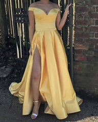Sexy Leg Slit Off Shoulder Long Satin Yellow Prom Dresses