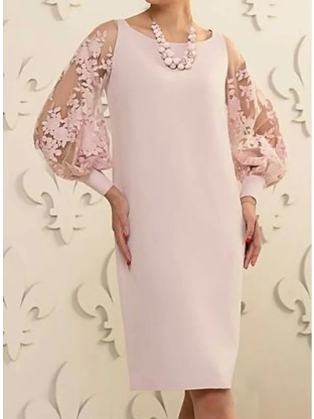 Sheath / Column Mother of the Bride Dress Elegant Jewel Neck Knee Length Lace Satin Long Sleeve with Appliques