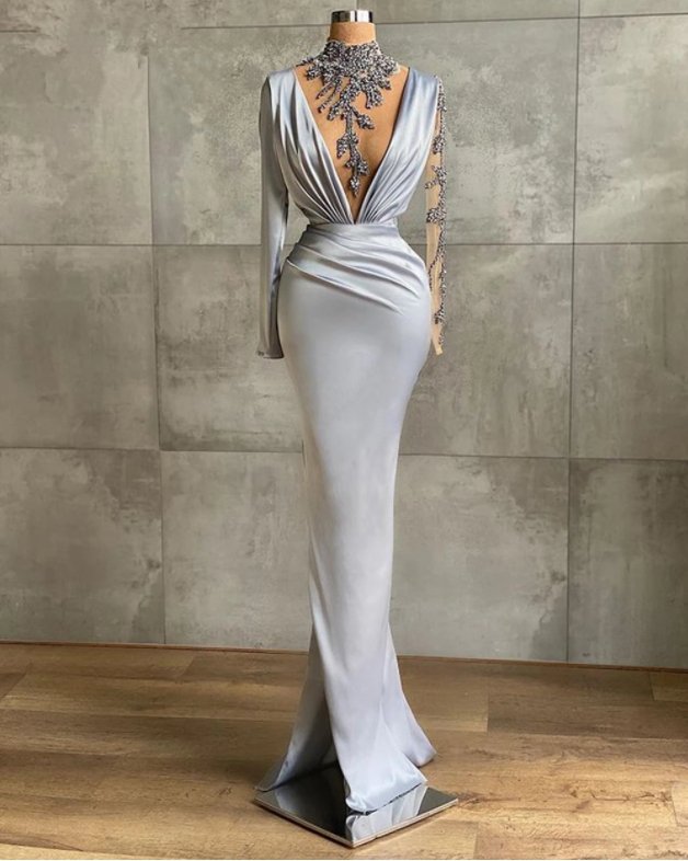 Gray Robe De Soiree Sheath Long Sleeves Beaded See Through Sexy Long Prom Dresses Prom Gown Evening Dresses