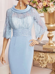 Sheath / Column Mother of the Bride Dress See Through Jewel Neck Knee Length Charmeuse Half Sleeve with Lace Sash / Ribbon