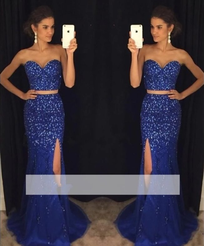 Blue Prom Dresses Mermaid Sweetheart Tulle Beaded Crystals Slit Long Prom Gown Evening Dresses Evening Gown Robe De Soiree