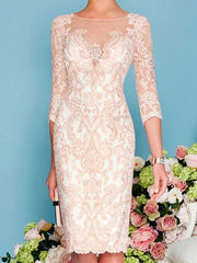 Two Piece Sheath / Column Mother of the Bride Dress Elegant Jewel Neck Knee Length Lace 3/4 Length Sleeve with Embroidery