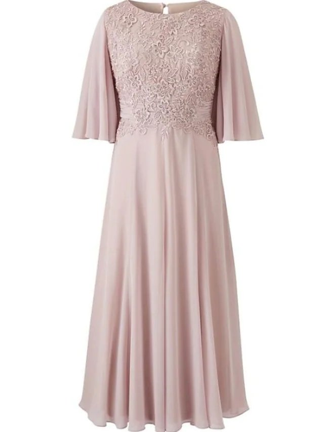 A-Line Mother of the Bride Dress Elegant Jewel Neck Ankle Length Chiffon Lace Half Sleeve with Pleats Embroidery