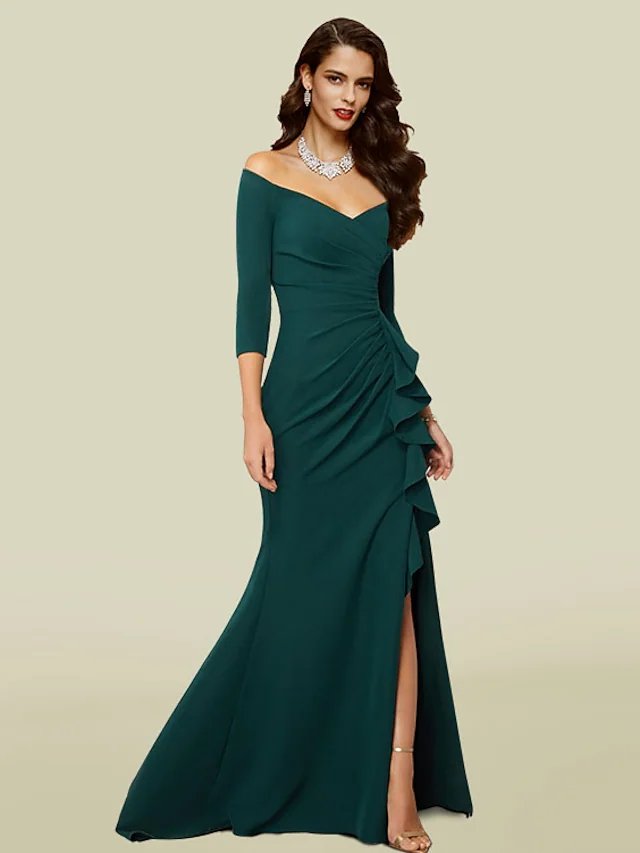 Mermaid / Trumpet Mother of the Bride Dress Elegant Sexy V Neck Off Shoulder Court Train Stretch Fabric 3/4 Length Sleeve with Draping Split Front