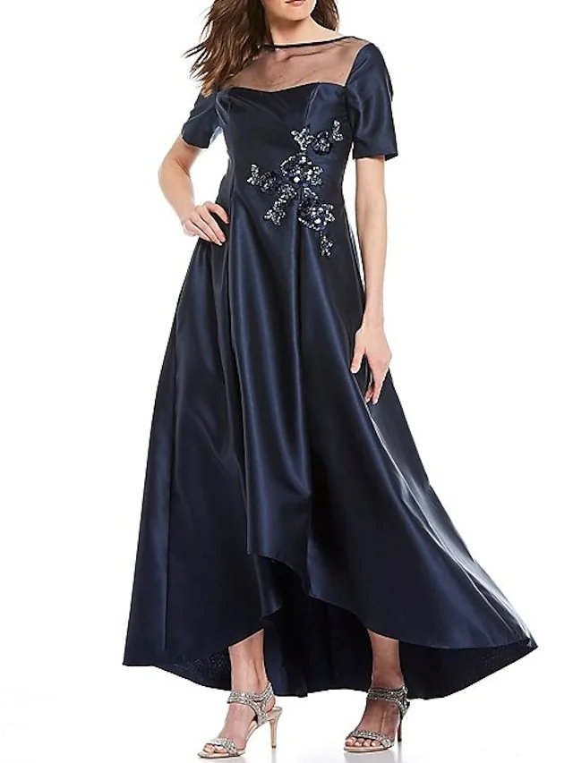 A-Line Mother of the Bride Dress Elegant Illusion Neck Asymmetrical Satin Short Sleeve with Beading Appliques