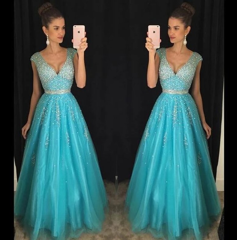 Blue Robe De Soiree Ball Gown V-neck Cap Sleeves Tulle Beaded Crystals Sexy Long Prom Dresses Prom Gown Evening Dresses