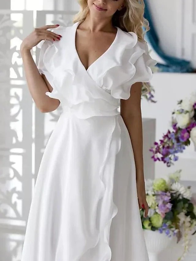 A-Line Mother of the Bride Dress Elegant V Neck Asymmetrical Chiffon Short Sleeve with Ruffles Split Front