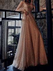 A-Line Glittering Maxi Party Wear Prom Dress V Neck Long Sleeve Floor Length Tulle Sequined with Sash / Ribbon Sequin