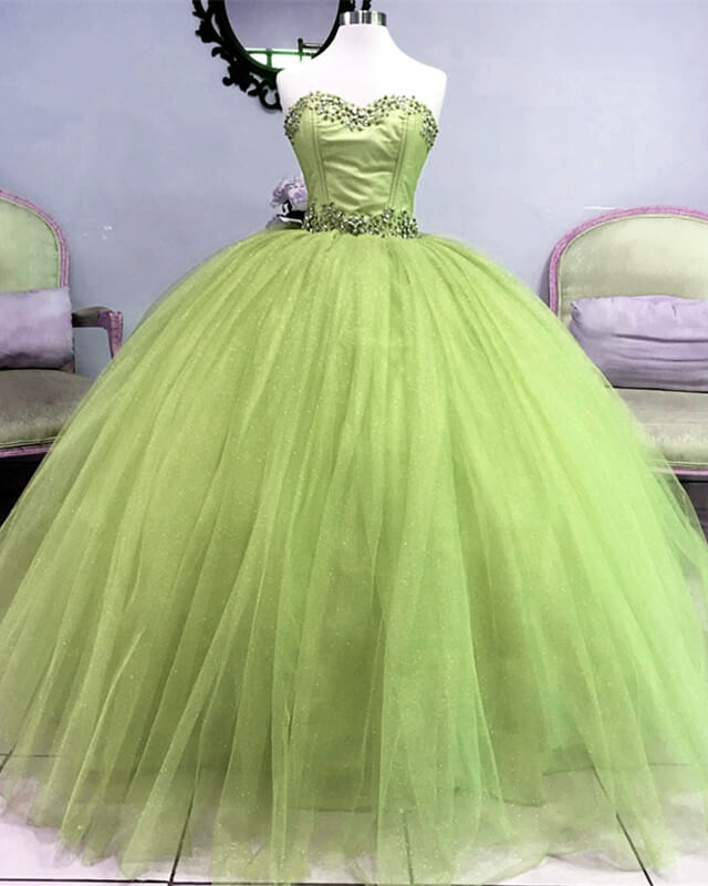 Beaded Strapless Sage Tulle Ball Gown Dress