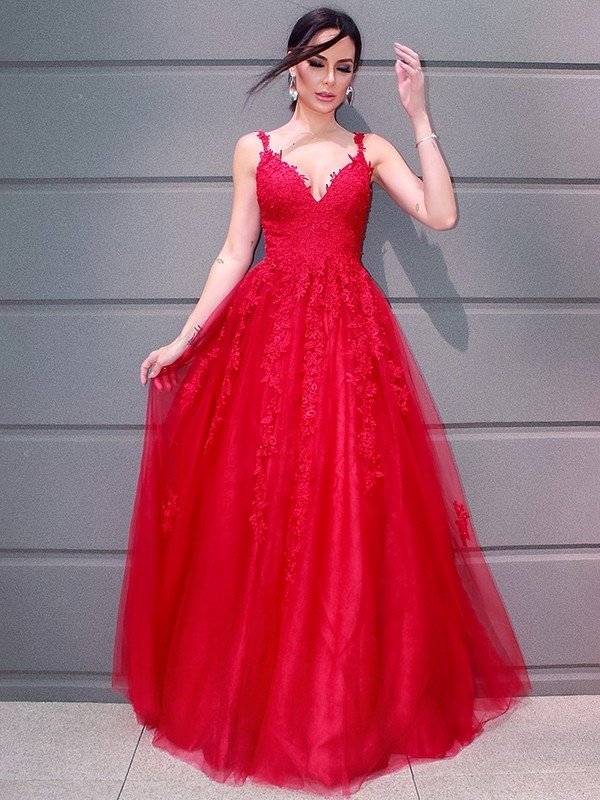 A-Line/Princess Tulle V-neck Floor-Length Applique Sleeveless Dresses