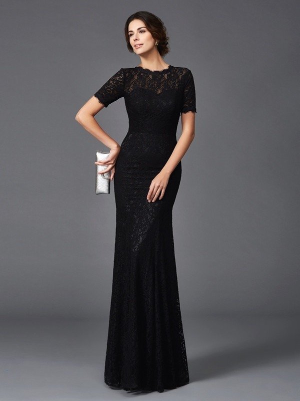 Sheath/Column Jewel Lace Short Sleeves Long Elastic Woven Satin Mother of the Bride Dresses