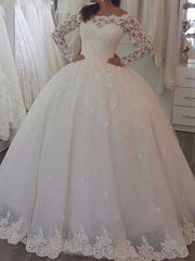 Princess A-Line Wedding Dresses Off Shoulder Sweep / Brush Train Lace Tulle Long Sleeve Romantic Luxurious with Appliques