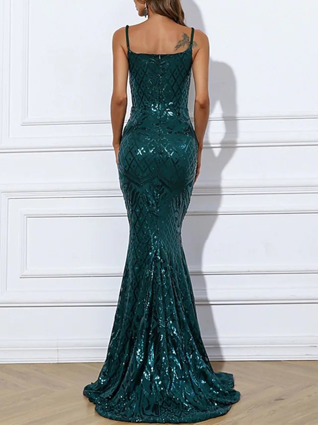 Mermaid / Trumpet Sparkle Sexy Engagement Formal Evening Dress Spaghetti Strap Strapless Sleeveless Sweep / Brush Train Stretch Fabric with Sequin