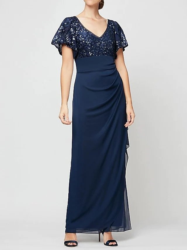Sheath / Column Mother of the Bride Dress Elegant V Neck Floor Length Chiffon Sequined Short Sleeve with Sequin Ruching