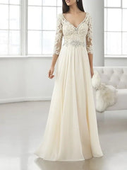 A-Line Mother of the Bride Dress Elegant V Neck Floor Length Chiffon Lace 3/4 Length Sleeve with Pleats Crystal Brooch