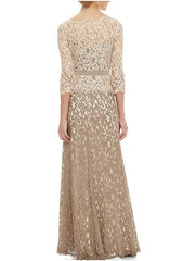 A-Line Mother of the Bride Dress Elegant Bateau Neck Floor Length Polyester 3/4 Length Sleeve with Sash / Ribbon Embroidery