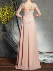 A-Line Mother of the Bride Dress Elegant Illusion Neck Floor Length Chiffon Lace 3/4 Length Sleeve with Pleats Appliques