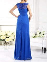 A-Line Mother of the Bride Dress Elegant Jewel Neck Floor Length Chiffon Lace Sleeveless with Sash / Ribbon Split Front Ruching