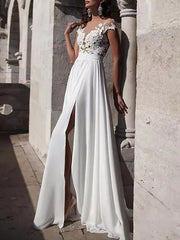 A-Line Wedding Dresses Jewel Neck Sweep / Brush Train Lace Stretch Satin Cap Sleeve Casual Beach Boho Plus Size with Draping Appliques