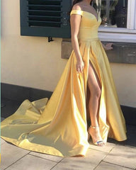 Sexy Leg Slit Off Shoulder Long Satin Yellow Prom Dresses