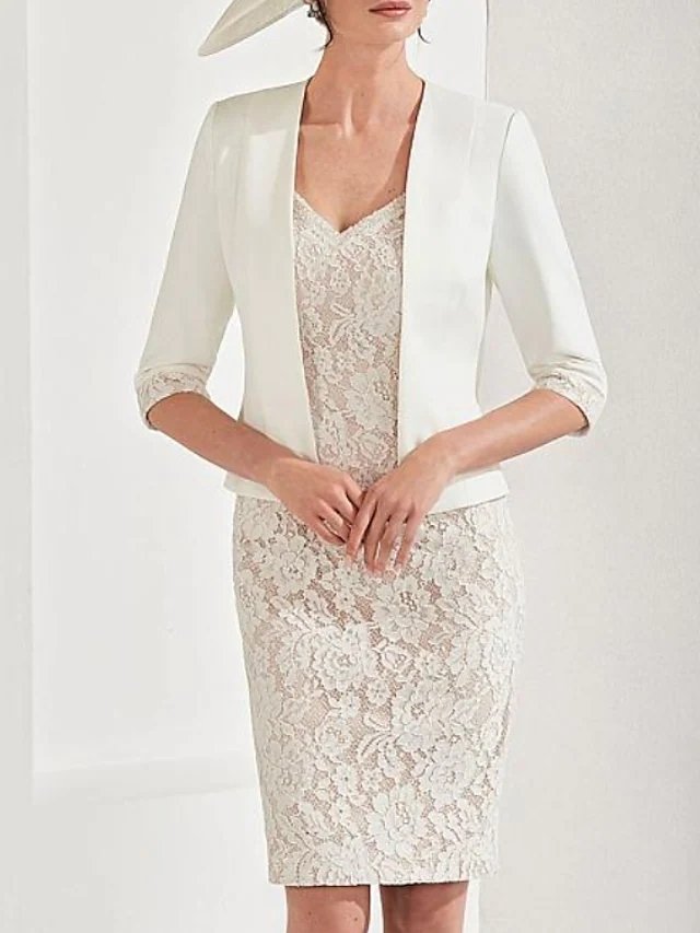 Two Piece Sheath / Column Mother of the Bride Dress Elegant V Neck Knee Length Lace Satin 3/4 Length Sleeve with Appliques