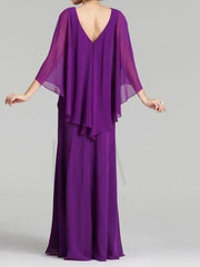 A-Line Mother of the Bride Dress Elegant V Neck Floor Length Chiffon 3/4 Length Sleeve with Beading Sequin