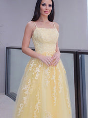 A-Line/Princess Spaghetti Straps Applique Sleeveless Tulle Floor-Length Dresses