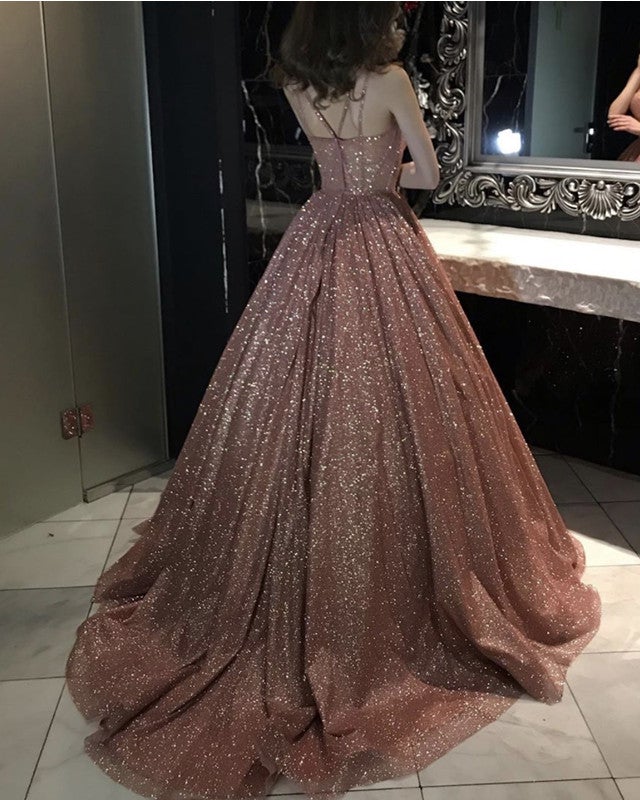 Rose Gold Sparkly Ball Gown Dresses Cross Neck