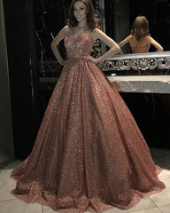 Rose Gold Sparkly Ball Gown Dresses Cross Neck
