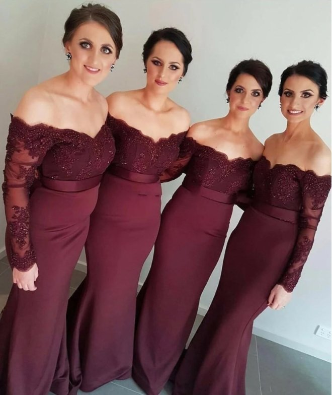 Burgundy Bridesmaid Dresses For Women Mermaid Off The Shoulder Lace Beaded Long Cheap Under 50 Wedding Party Dresses