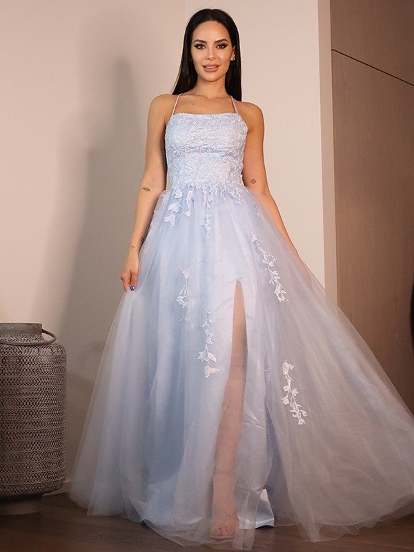 A-Line/Princess Lace Ruffles Spaghetti Straps Sleeveless Floor-Length Dresses