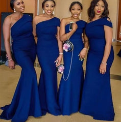 Blue Bridesmaid Dresses For Women Mermaid One-shoulder Satin Long Cheap Under 50 Wedding Party Dresses
