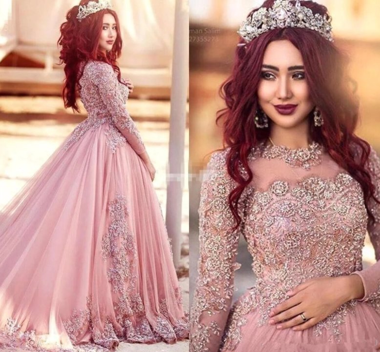 Pink Muslim Evening Dresses Ball Gown Long Sleeves Tulle Lace Beaded Islamic Dubai Saudi Arabic Long Formal Evening Gown