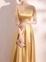 A-Line Elegant Homecoming Formal Evening Dress Jewel Neck Half Sleeve Floor Length Satin with Appliques