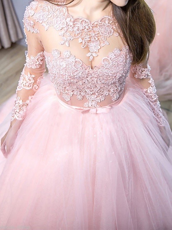Ball Gown Jewel Long Sleeves Sweep/Brush Train Lace Tulle Dresses