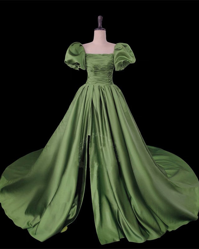 Sage Green Ball Gown Prom Dresses Puffy Sleeve Leg Split