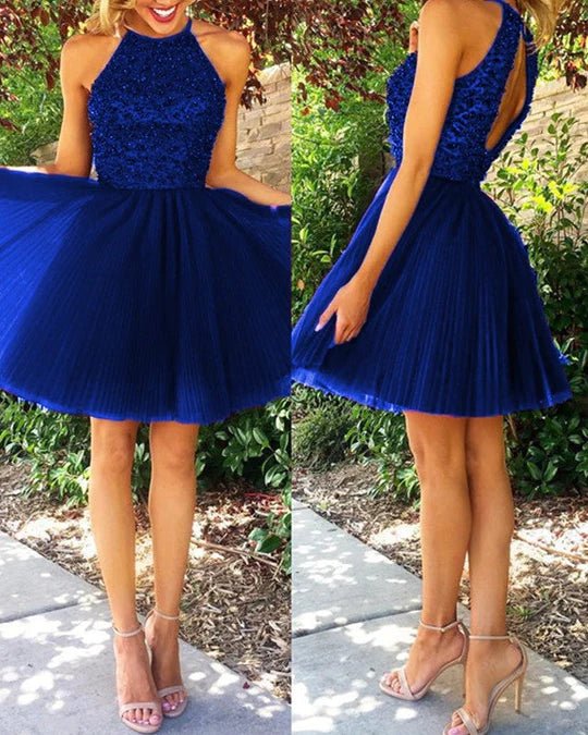 Short Pleated Tulle Homecoming Dresses Beaded Halter