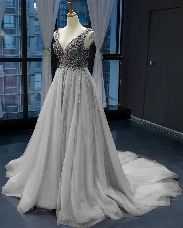 Luxurious Pearl Beaded V Neck Tulle Prom Dresses Long