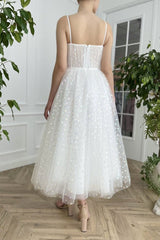 Simple sweetheart neck tulle Ivory Prom Dresses, Tea Length Ivory Evening Dresses
