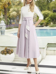 A-Line Mother of the Bride Dress Sweet High Neck Ankle Length Polyester 3/4 Length Sleeve with Sash / Ribbon Pleats