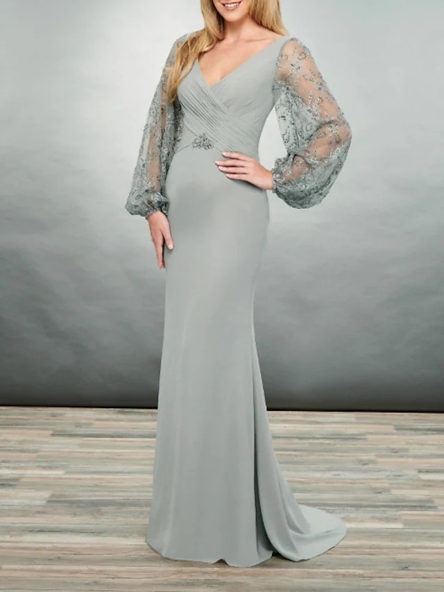 Sheath / Column Mother of the Bride Dress Elegant V Neck Floor Length Polyester Long Sleeve with Appliques Ruching