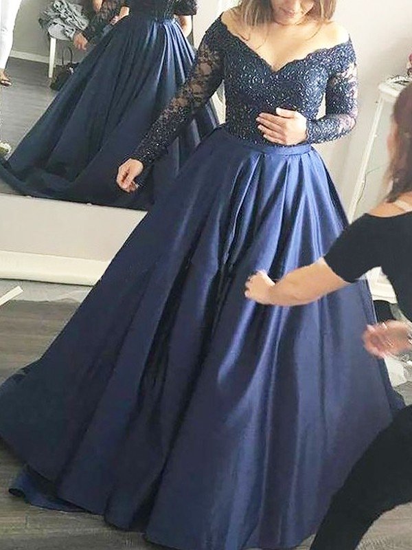 Ball Gown Off-the-Shoulder Long Sleeves Beading Satin Sweep/Brush Train Dresses